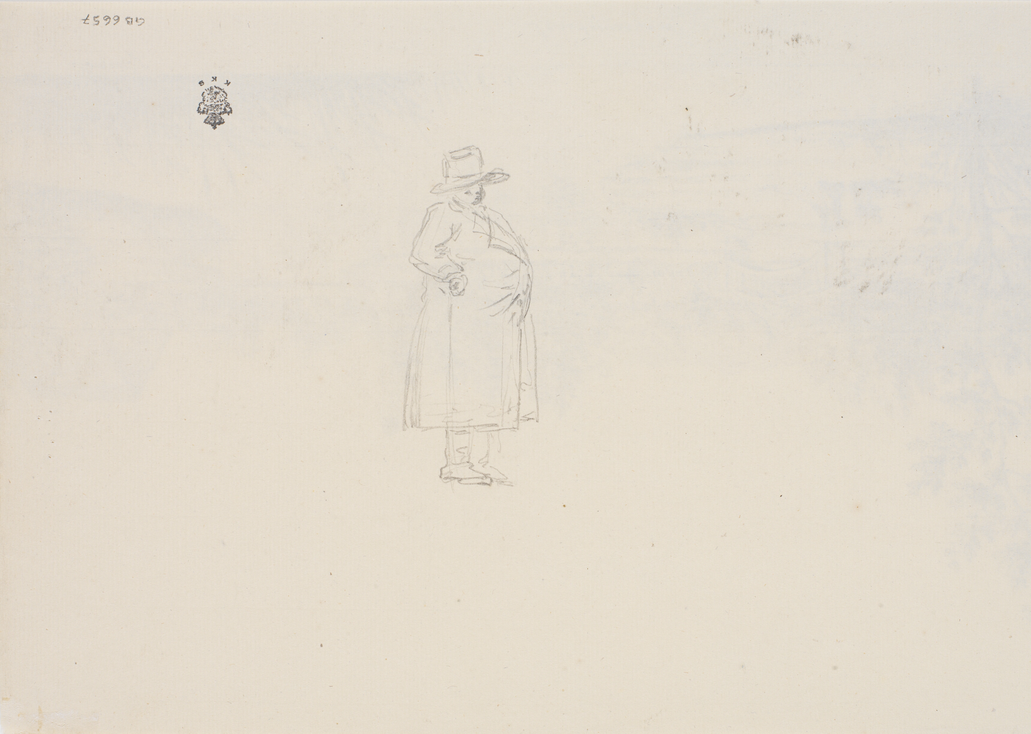 Stående tyk mand i frakke med hat